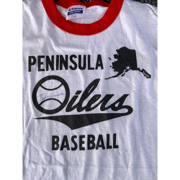 70s-80s Peninsula Oilers Baseball autographed - white and red cotton tee size L - Picture 2 of 8